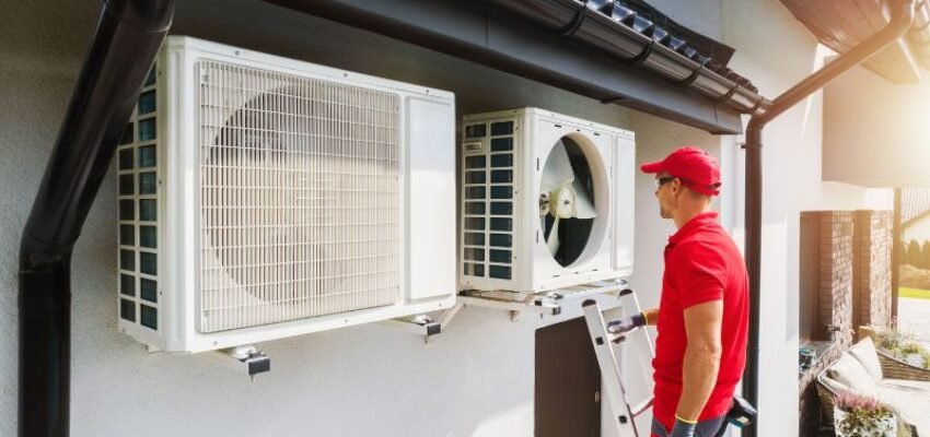 The professional installs an HVAC system.