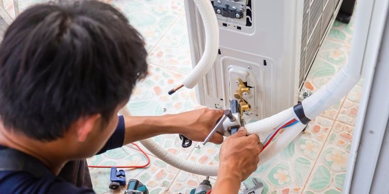 A professional fixing an HVAC unit leaking water