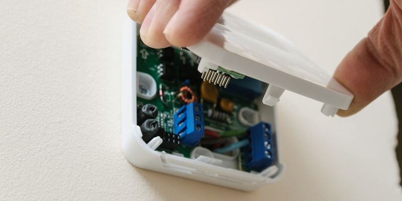 A thermostat being opened to inspect the thermostat wiring